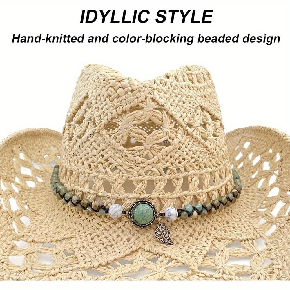 Green Beaded Hat Band Brown Leaf Chain Western Style Adjustable Charms Boho New